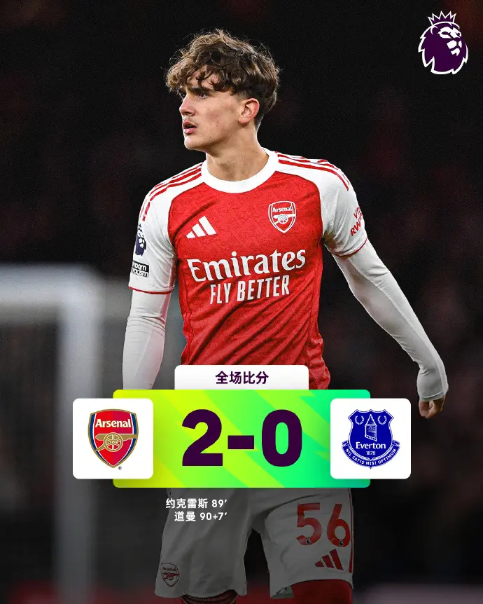 16岁零73天道曼铸就英超神话，阿森纳2-0稳居领先